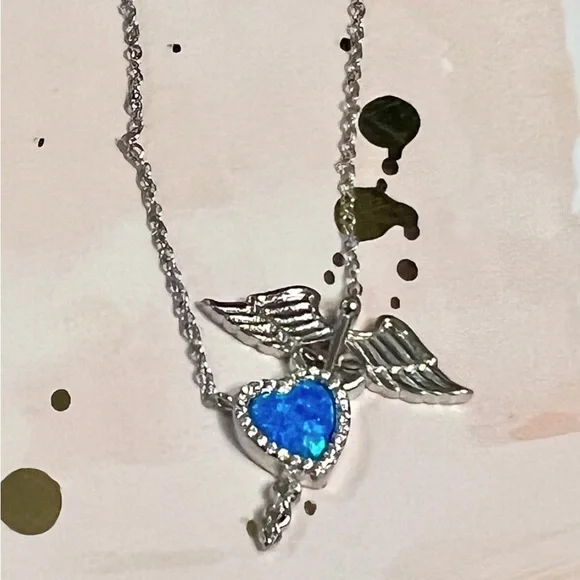 🌺 Frontline Btq Caduceus Heart Blue Fire Opal Necklace - Picture 3 of 3